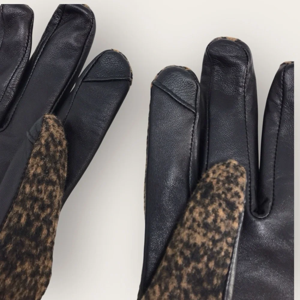 Land's End Brown EZ Touch Screen Gloves Leather & Cashmere Animal Print